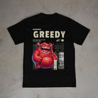 Black t-shirt with a red cartoon character and 'Greedy' text on a gray surface