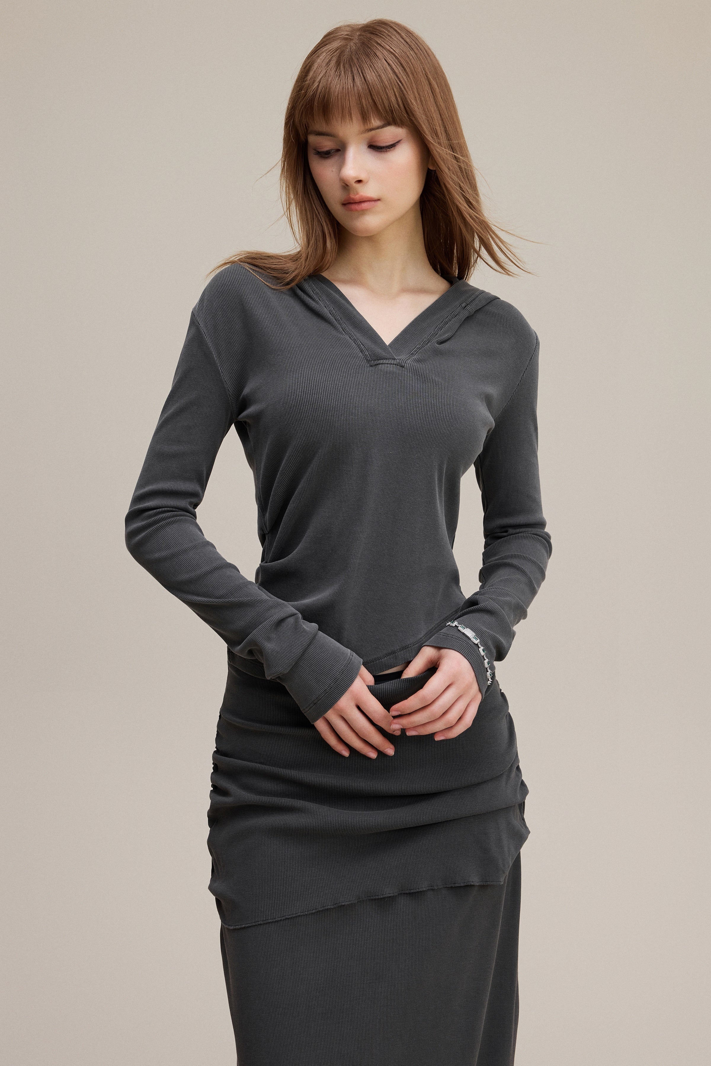 275GSM Women’s Slim-Fit Pigment-Wash Long-Sleeve Dark gray