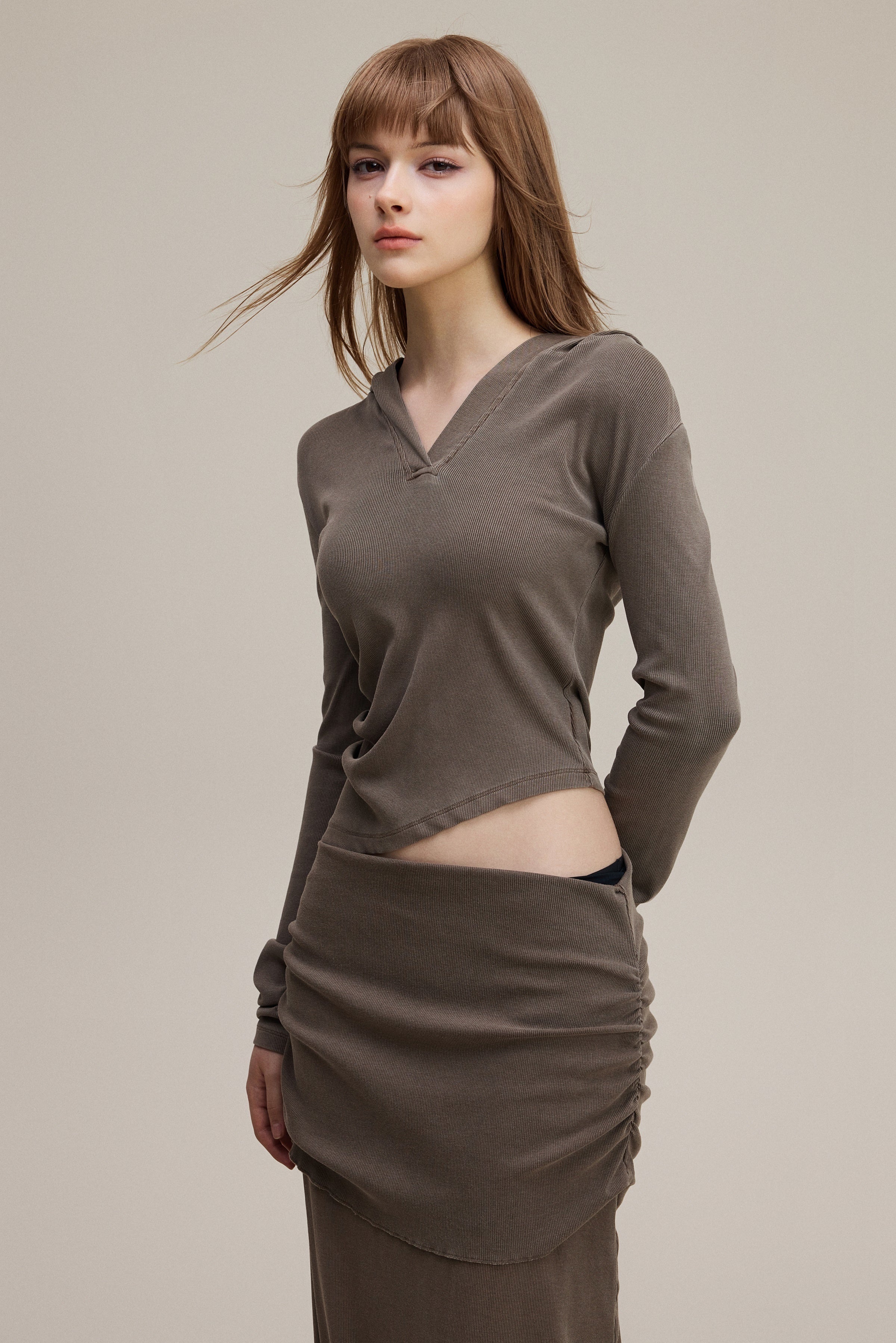 275GSM Women’s Slim-Fit Pigment-Wash Long-Sleeve Coffee