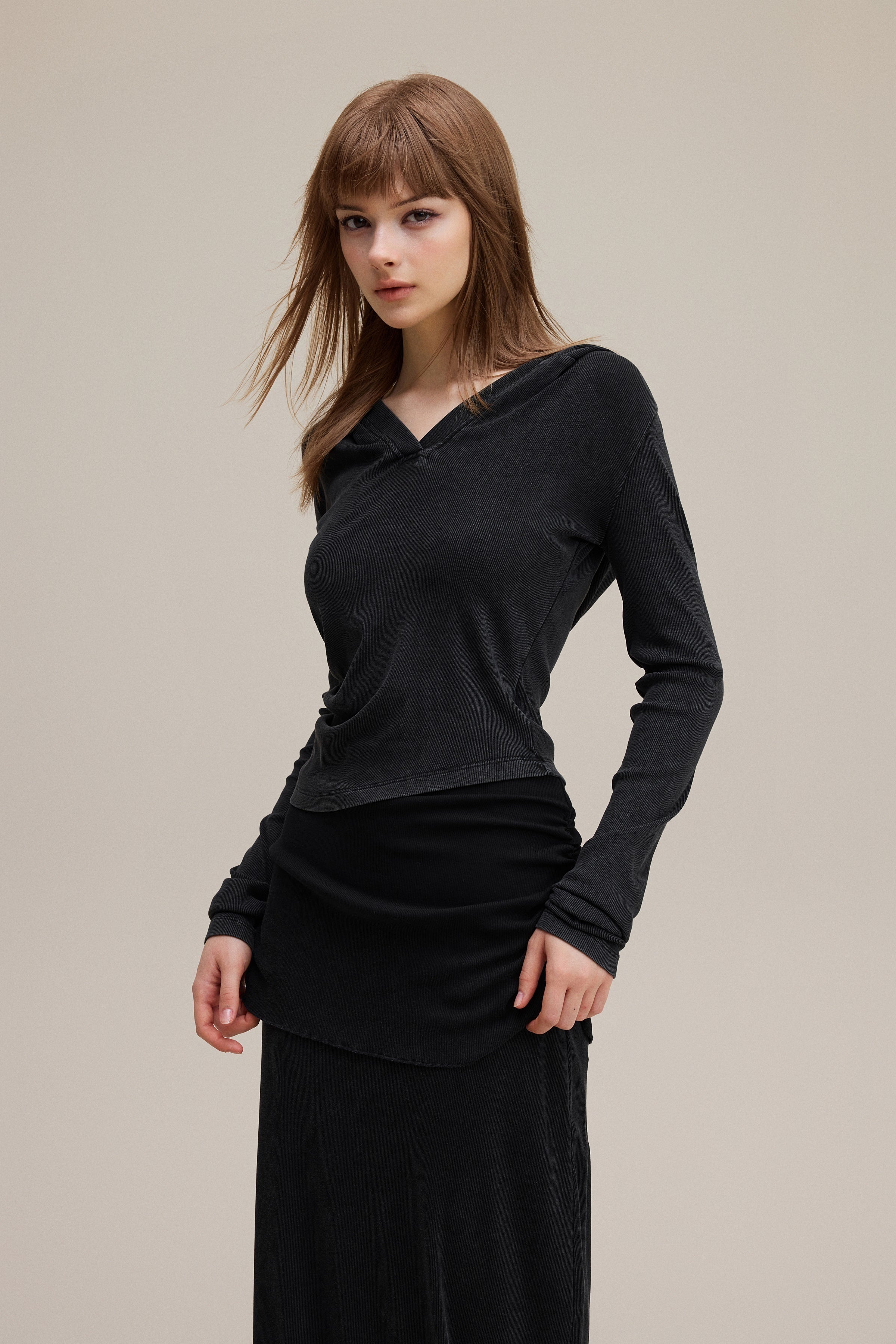 275GSM Women’s Slim-Fit Pigment-Wash Long-Sleeve Snow wash