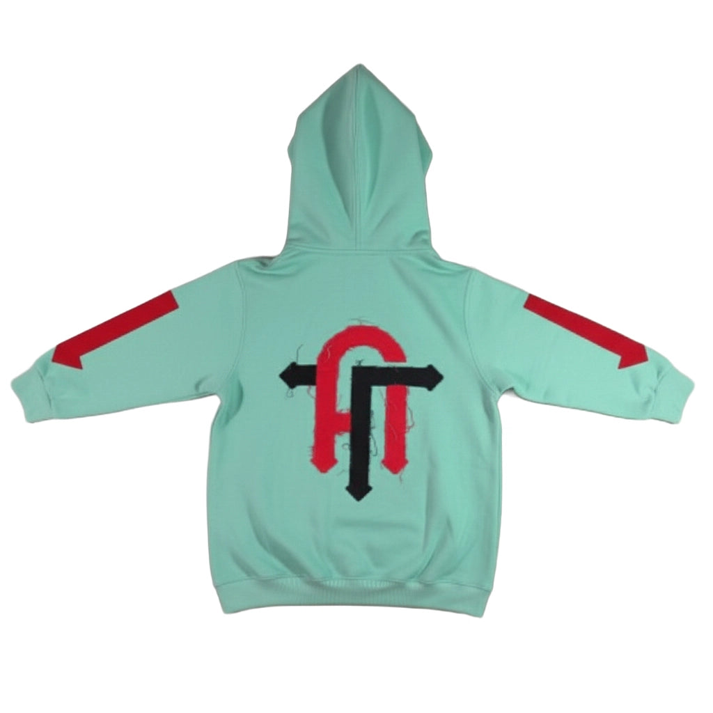 Light blue hoodie with red and black logo on a white background