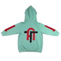 Light blue hoodie with red and black logo on a white background