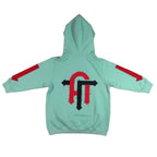 Light blue hoodie with red and black logo on a white background