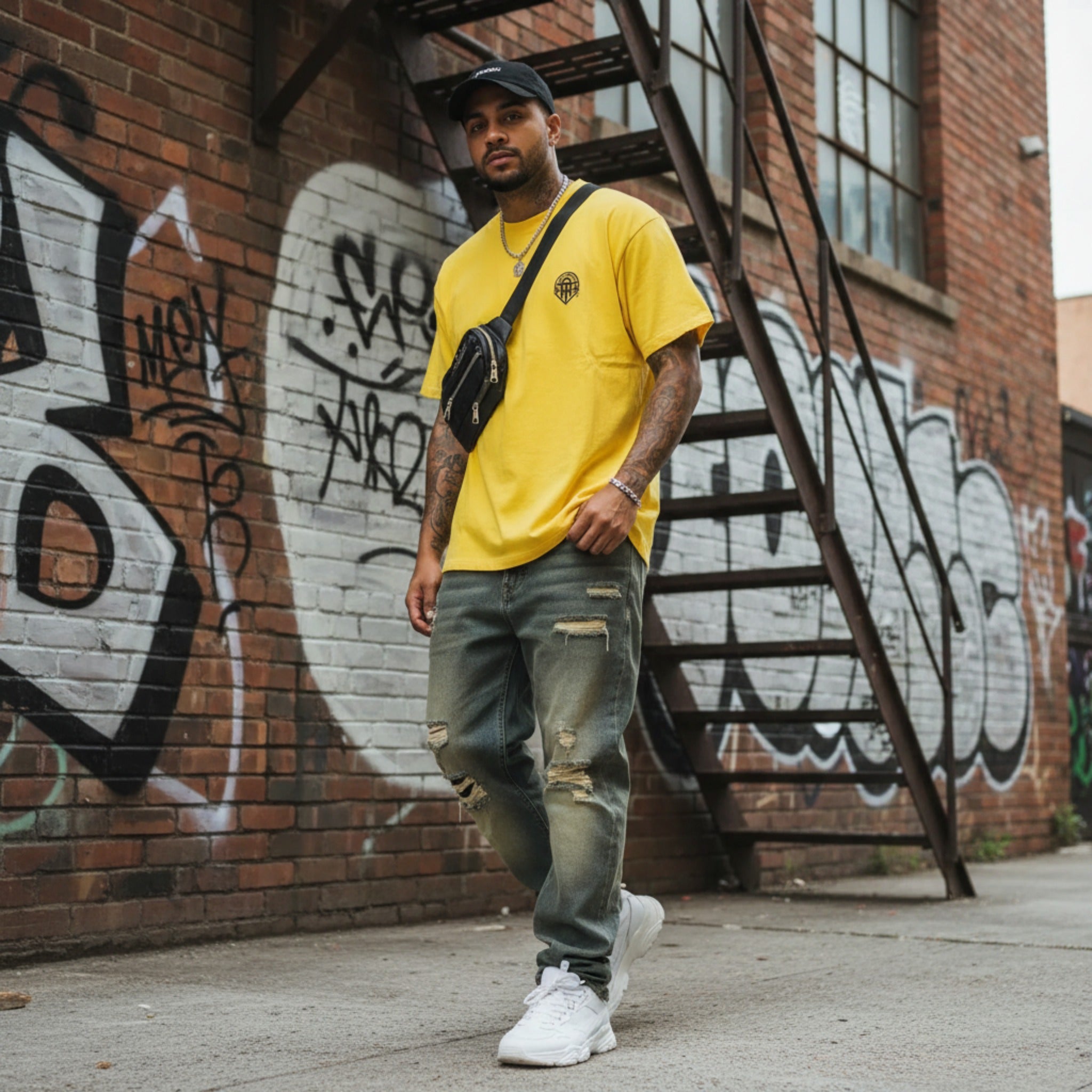 Man wearing a yellow t-shirt and ripped jeans standing in front of a graffiti-covered wall.