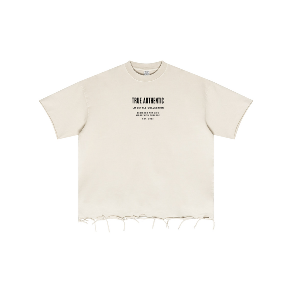 An off-white short-sleeve t-shirt with a raw, frayed hem and a small black text graphic on the chest reading 'TRUE AUTHENTIC'.