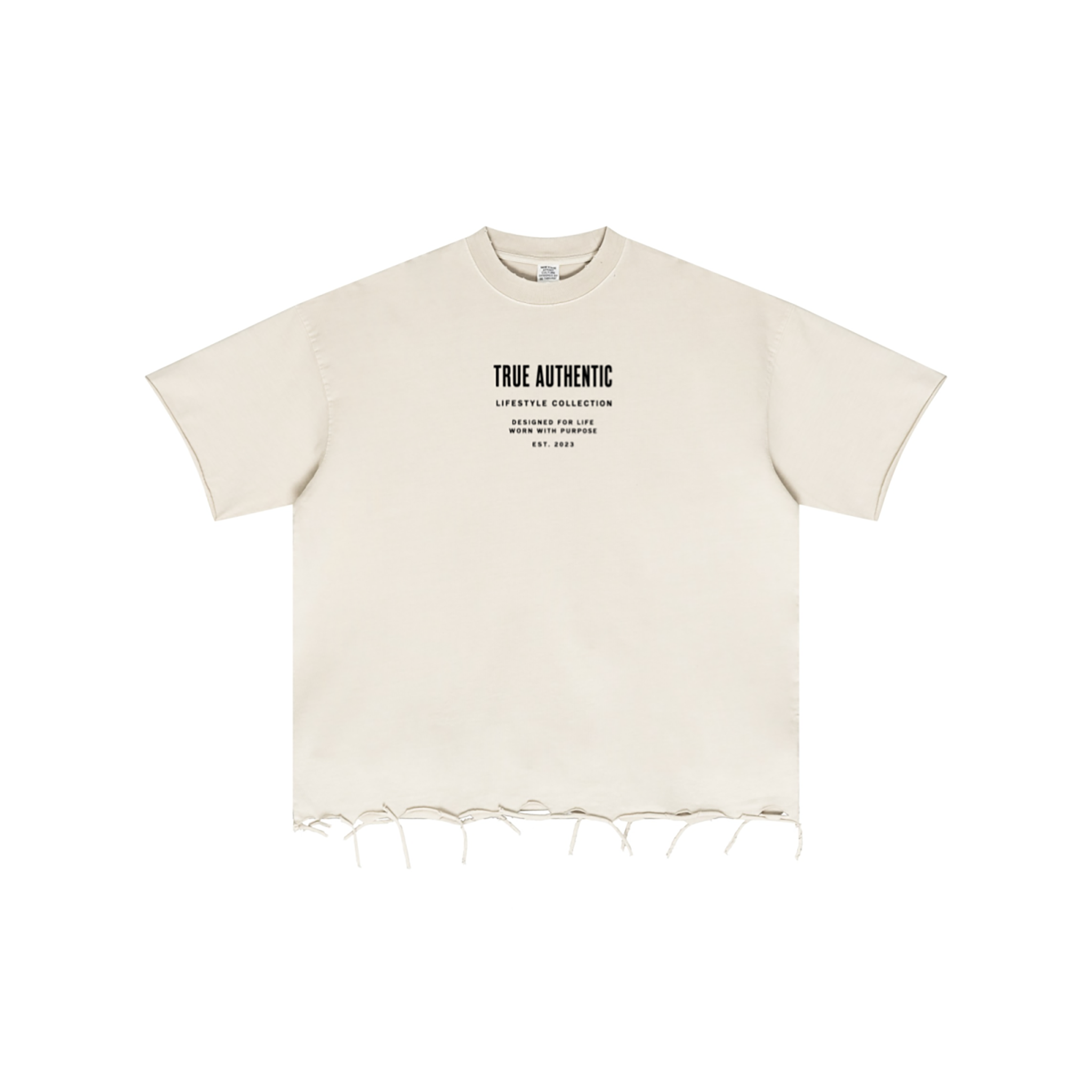 An off-white short-sleeve t-shirt with a raw, frayed hem and a small black text graphic on the chest reading 'TRUE AUTHENTIC'.