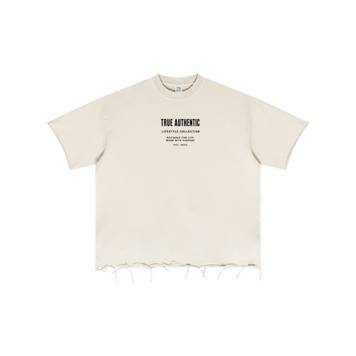 An off-white short-sleeve t-shirt with a raw, frayed hem and a small black text graphic on the chest reading 'TRUE AUTHENTIC'.