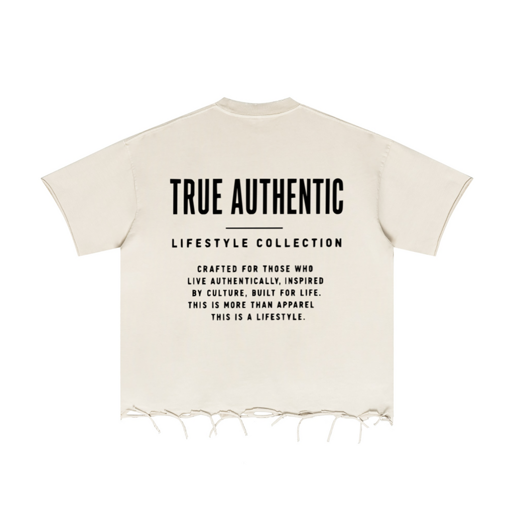 An off-white short-sleeve t-shirt with black text on the back reading 'TRUE AUTHENTIC LIFESTYLE COLLECTION' and a distressed, frayed hem, shown against a plain white background.