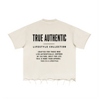 An off-white short-sleeve t-shirt with black text on the back reading 'TRUE AUTHENTIC LIFESTYLE COLLECTION' and a distressed, frayed hem, shown against a plain white background.