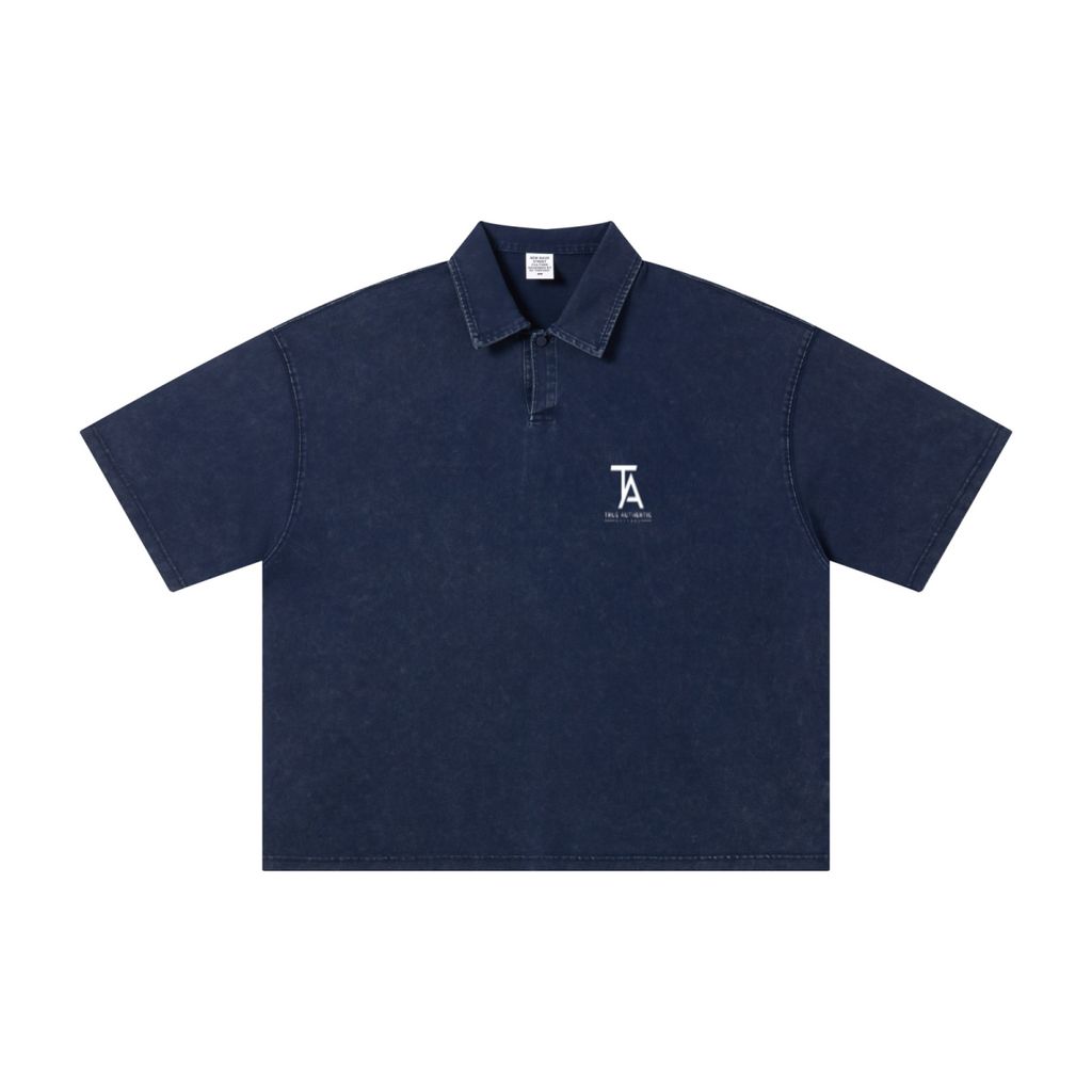 280GSM Heavyweight Double Yarn Snow Wash Boxy Fit Polo T-Shirt Vintage Royal Blue