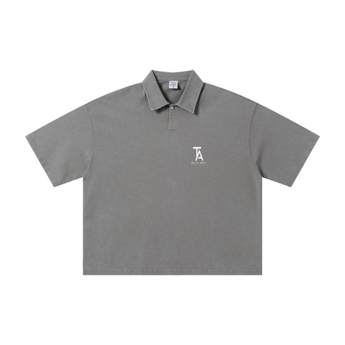 280GSM Heavyweight Double Yarn Snow Wash Boxy Fit Polo T-Shirt Vintage Heather Gray