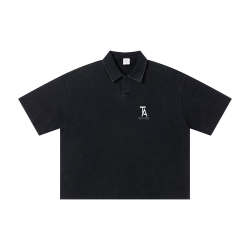 280GSM Heavyweight Double Yarn Snow Wash Boxy Fit Polo T-Shirt Vintage Black
