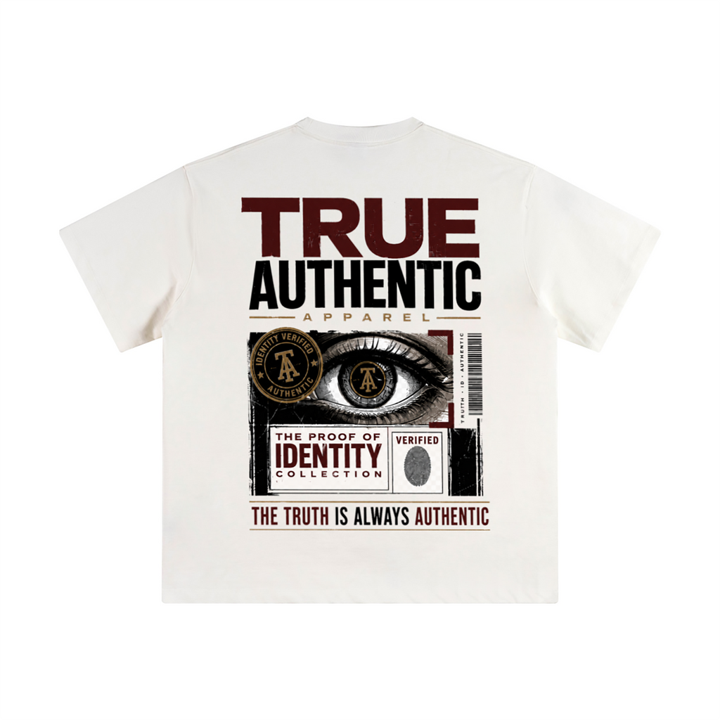 An off-white short-sleeve t-shirt with a large graphic print on the front. The graphic features the text 'TRUE AUTHENTIC APPAREL' in dark red and black, an eye illustration, and a 'Verified' badge with the slogan 'THE TRUTH IS ALWAYS AUTHENTIC'.