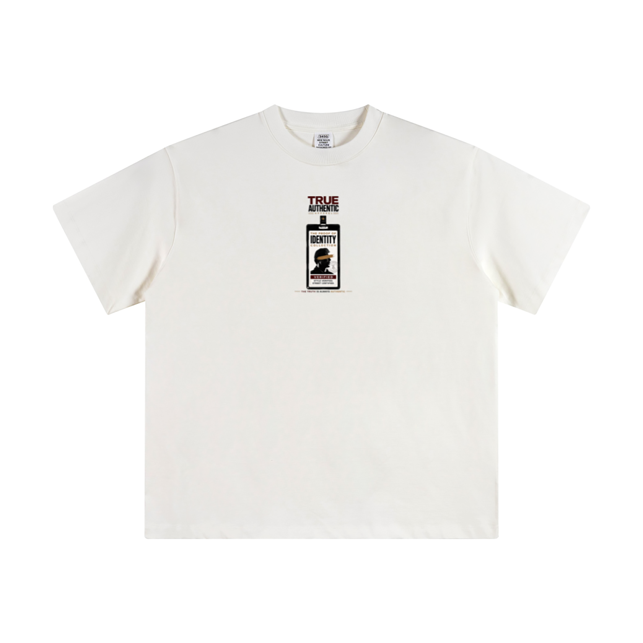 An off-white short-sleeve crewneck t-shirt featuring a small graphic print on the center chest depicting a badge with the text 'TRUE LOVE' and 'LOVE NEVER DIES'.