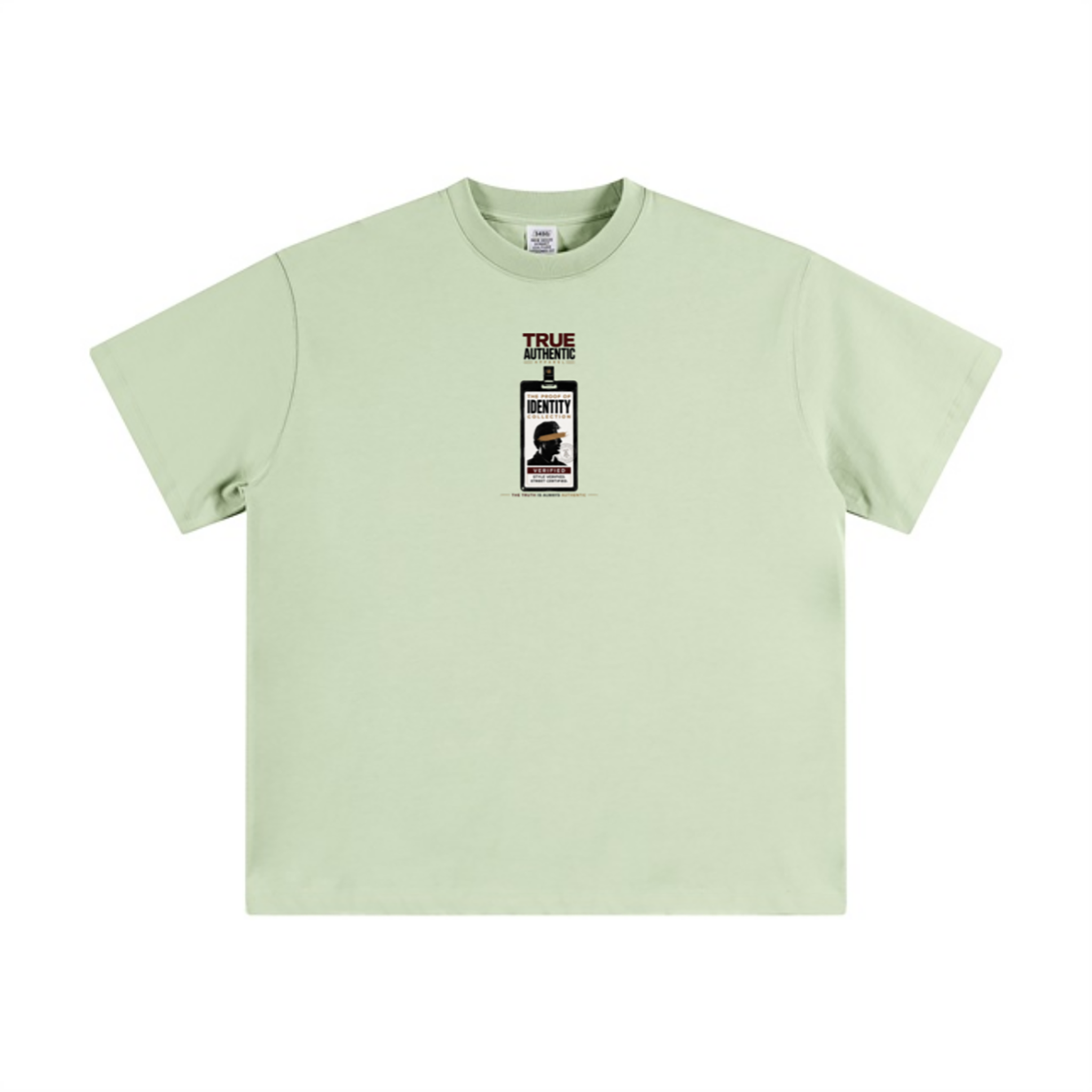 A light sage green short-sleeve t-shirt with a small graphic print on the center chest depicting a liquor bottle labeled 'TRUE LOVE' and 'BOSTON'.