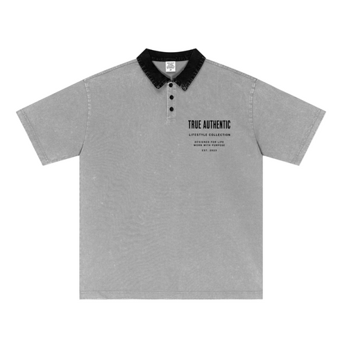 285GSM Unisex Vintage-Washed Unisex  100% Cotton Twill Polo T-Shirt Medium Grey Black