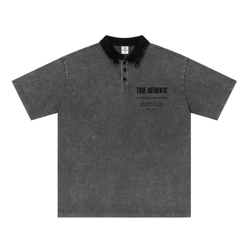 285GSM Unisex Vintage-Washed Unisex  100% Cotton Twill Polo T-Shirt Dark Grey Black