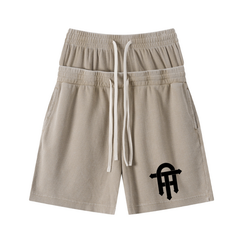 235GSM West Coast Relaxed Fit Waffle Knit Snow-Wash Distressed Shorts Ground Beige