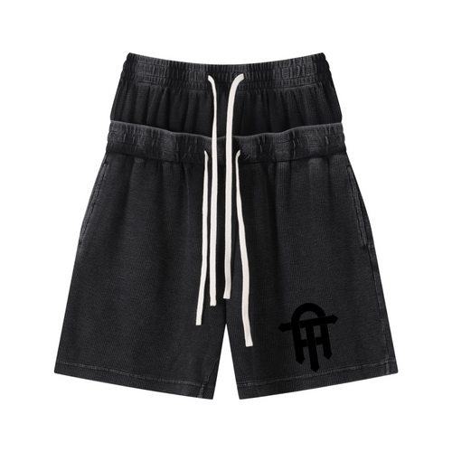 235GSM West Coast Relaxed Fit Waffle Knit Snow-Wash Distressed Shorts Black