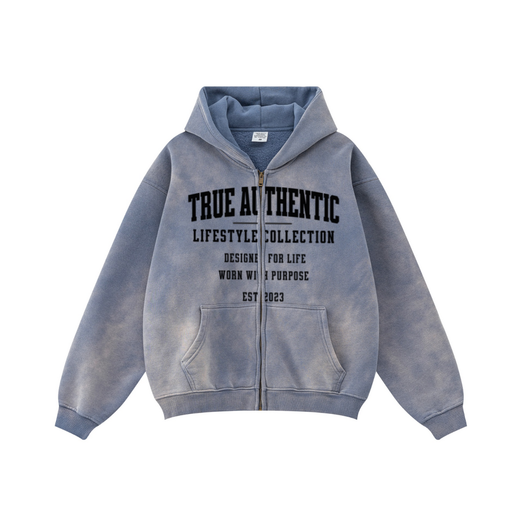 360GSM Unisex Monkey Wash Fall&Winter Fleece-Lined PP-Sprayed Zip-Up Hoodie Blue
