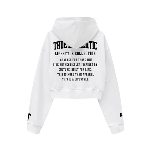 Back view of the True Authentic Aura women’s ivory white cropped hoodie with oversized Lifestyle Collection graphic
