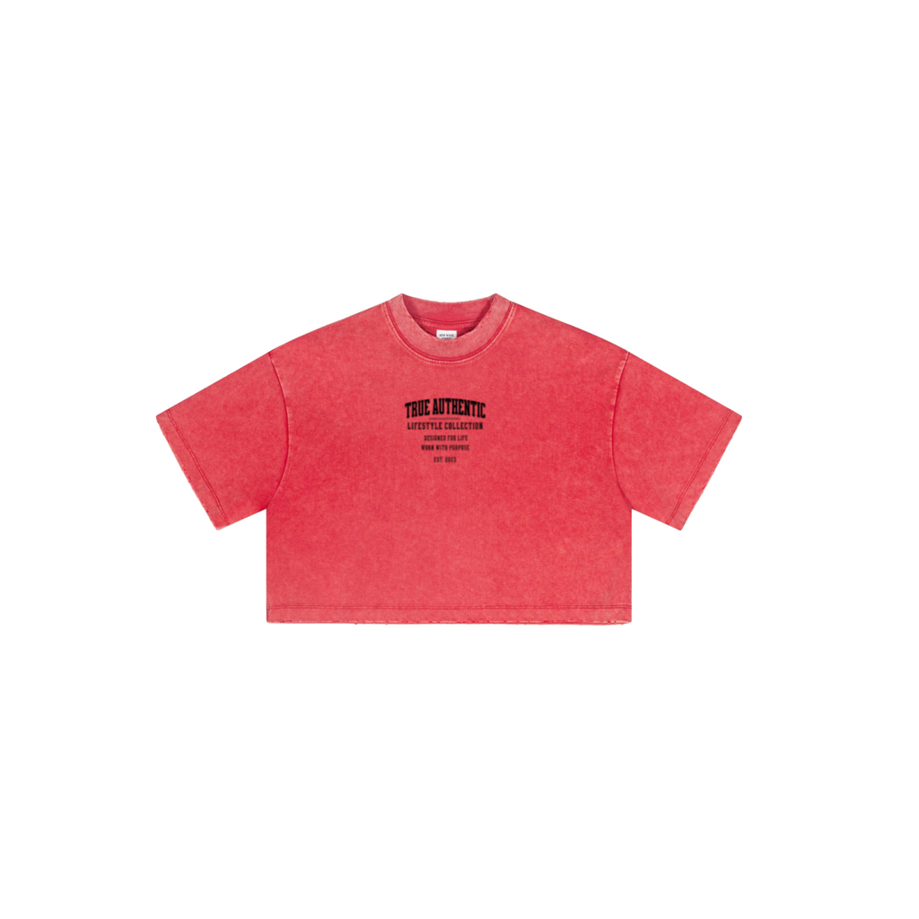 230GSM Women’s Cool-Touch Cropped High-Street Color Retro Snow-Wash T-shirt Red