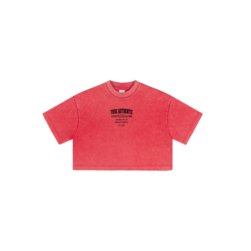 230GSM Women’s Cool-Touch Cropped High-Street Color Retro Snow-Wash T-shirt Red