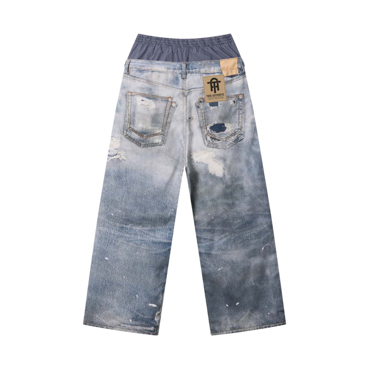 270GSM Men's Cotton Twill Denim Print Double Waist Loose Pants Blue
