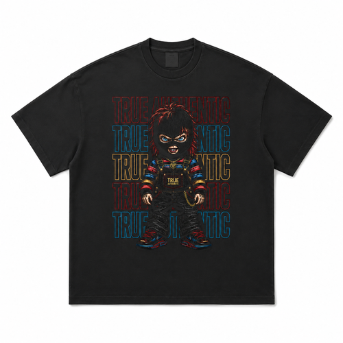 True Authentic black Ski Mask T-shirt front with character and multicolor lettering