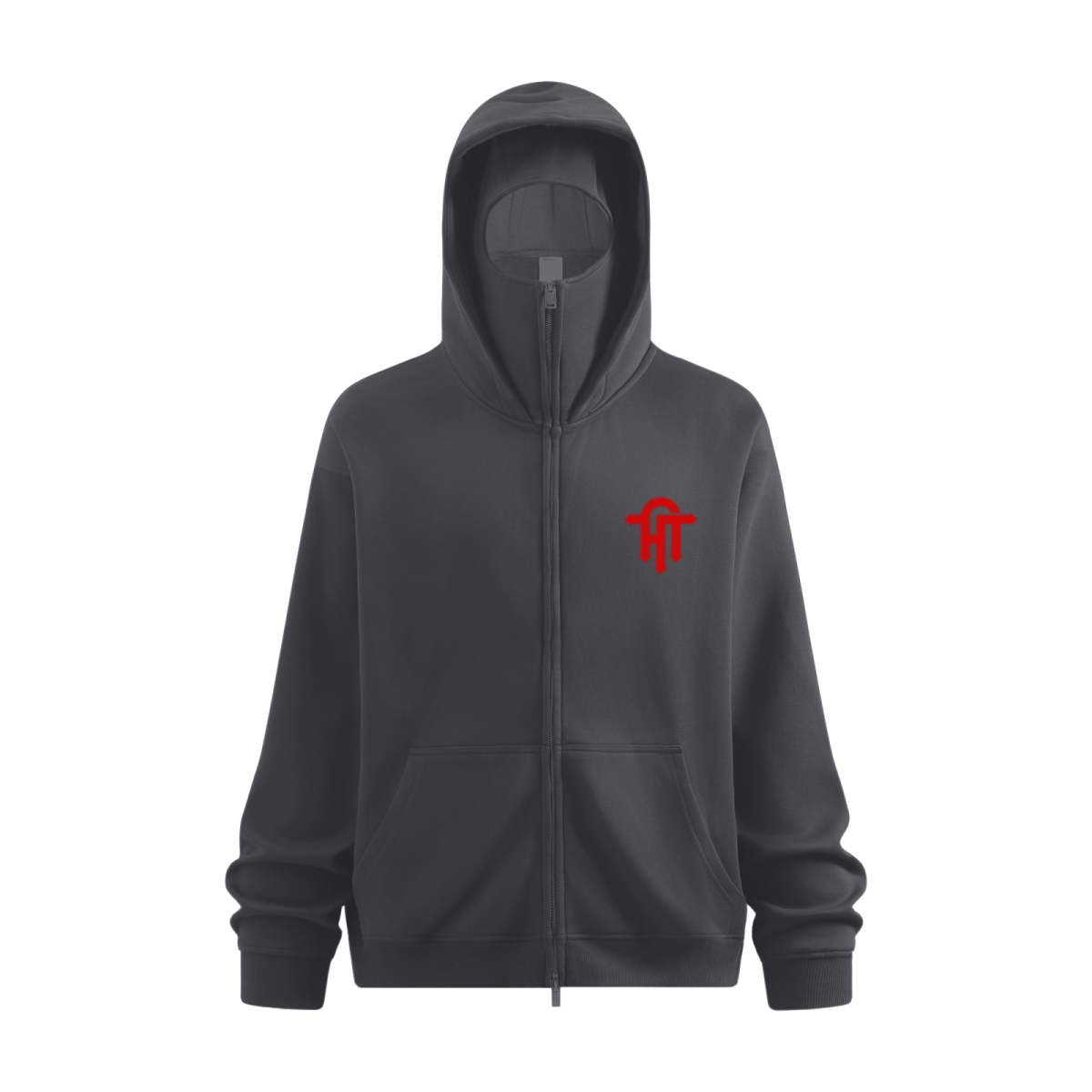 340GSM Men’s Trendy Fleece Zip-Up Windproof Face-Mask Hoodie Dark Grey