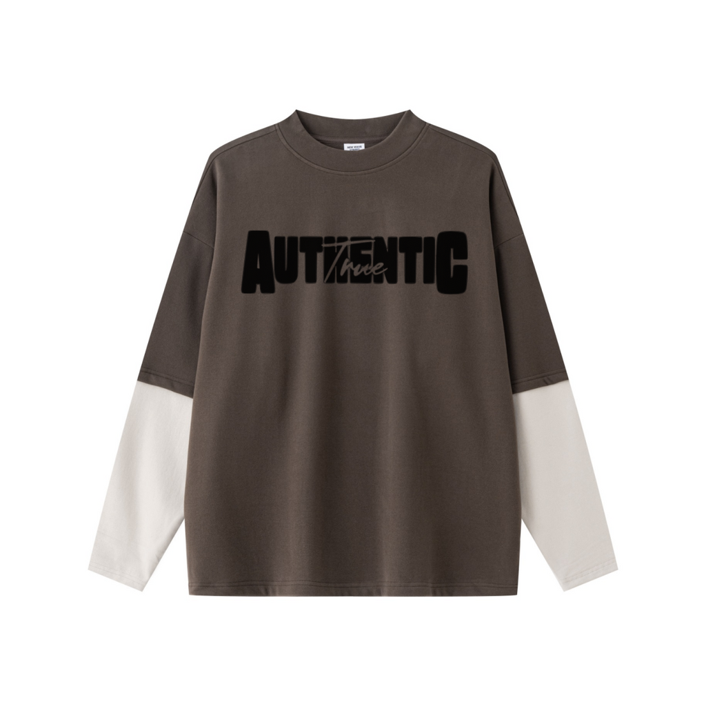 320GSM Unisex Faux Layered Solid Color Base Layer Long-Sleeve Coffee/Grey Apricot