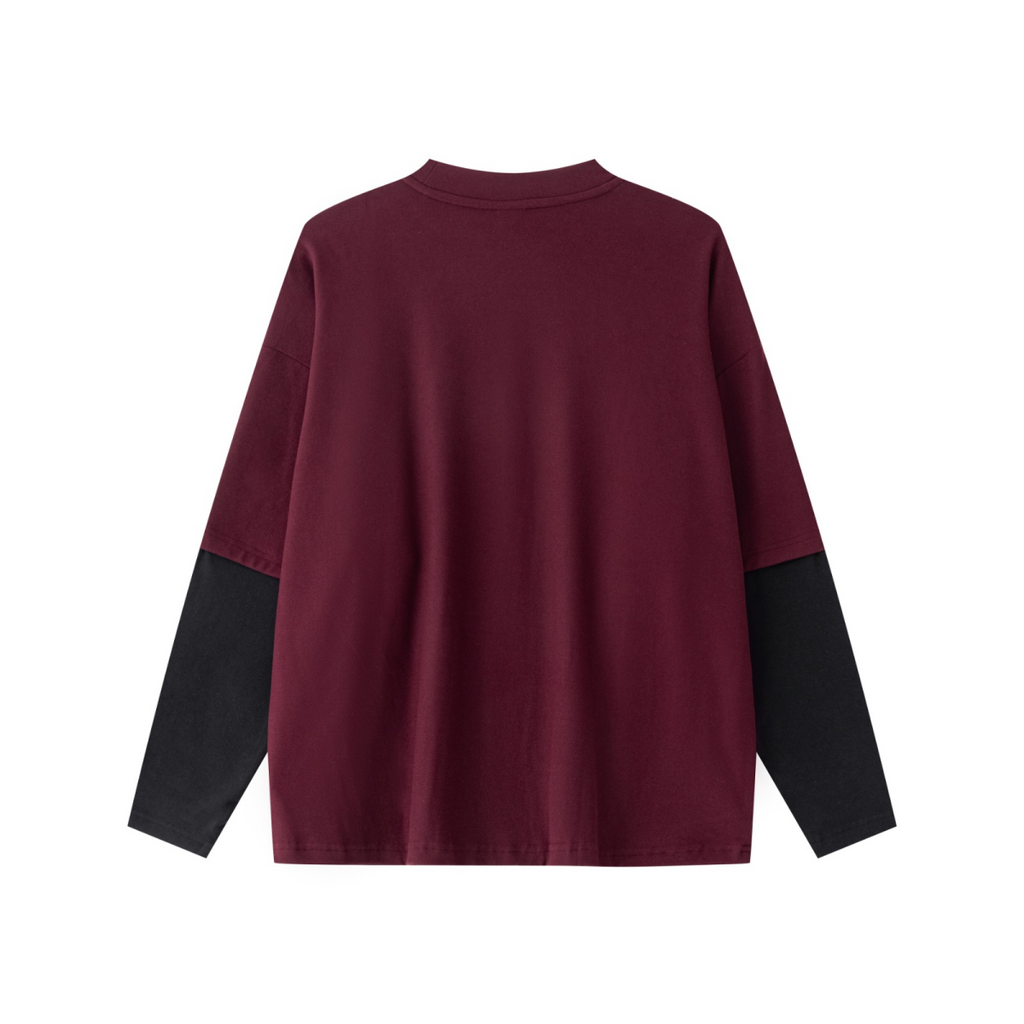 320GSM Unisex Faux Layered Solid Color Base Layer Long-Sleeve Dark Red/Black