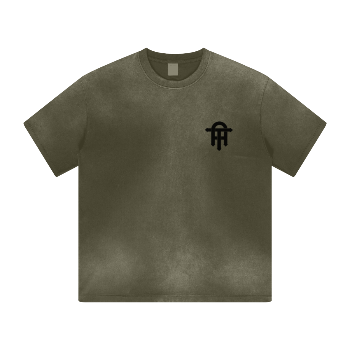 270GSM Men's Water-Wash PP-Sprayed Crew Neck T-shirt Military Green