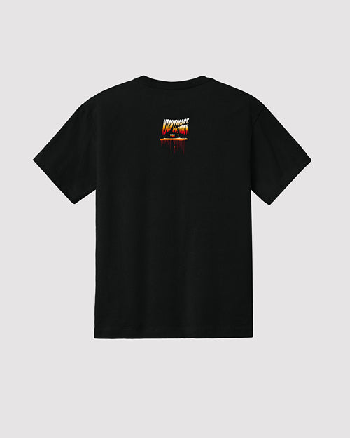 Black t-shirt with a small logo on the back against a light gray background