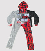 Children's outfit with red, black, and gray design on a white background