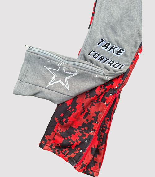 Gray sweatshirt with 'Take Control' text and red camouflage shorts on a light gray background