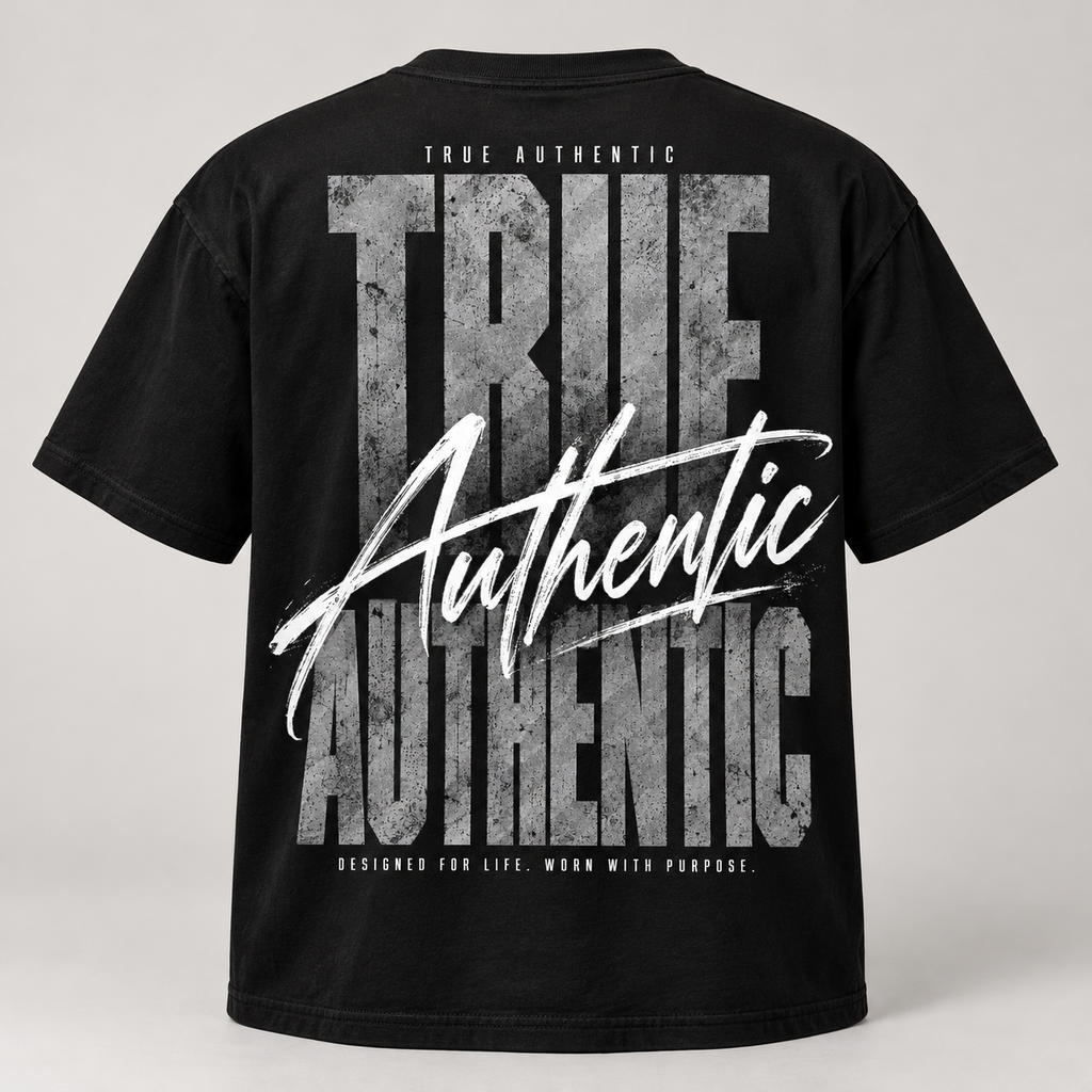 TRUE AUTHENTIC authentic script black cotton graphic tee — oversized back artwork, full view