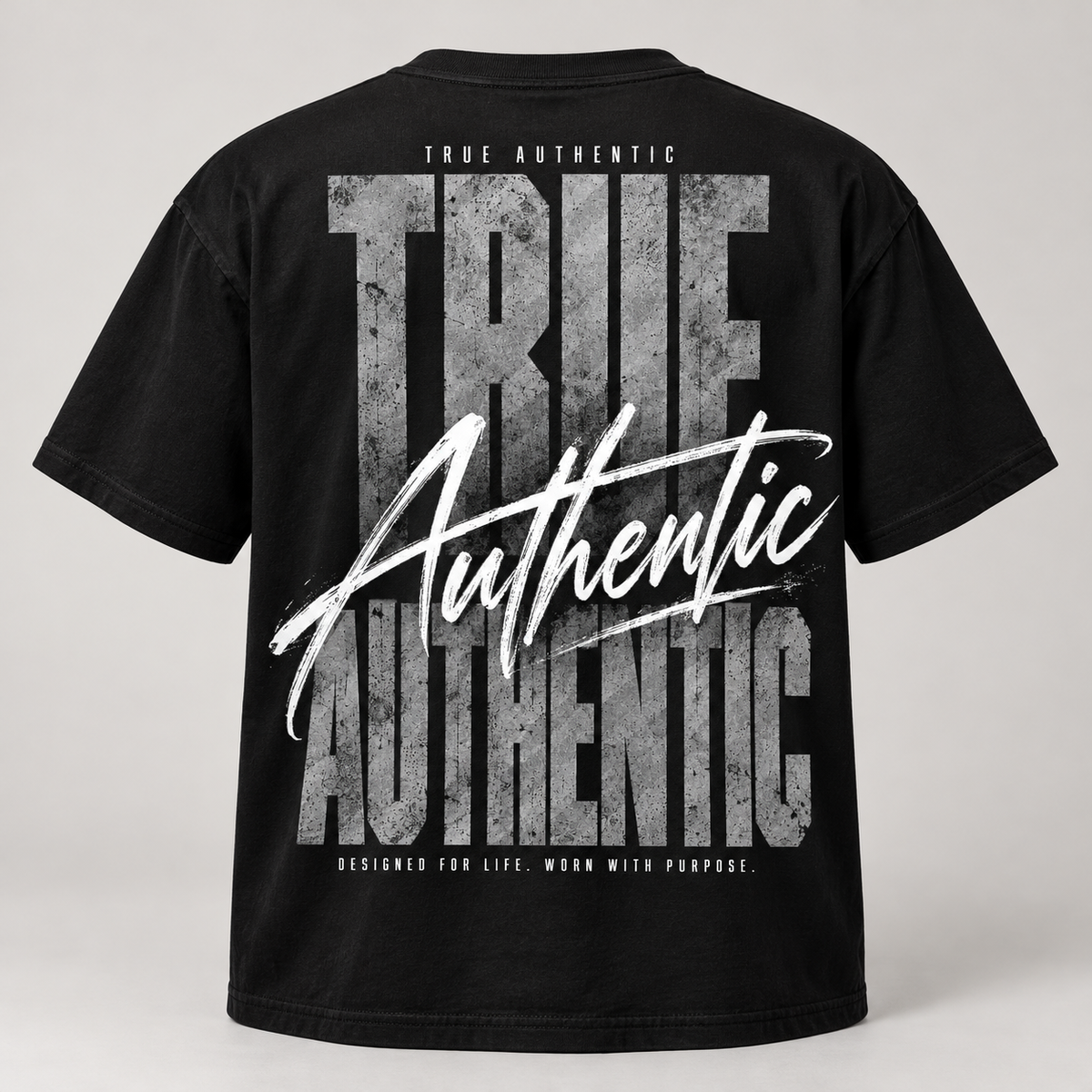 TRUE AUTHENTIC authentic script black cotton graphic tee — oversized back artwork, full view
