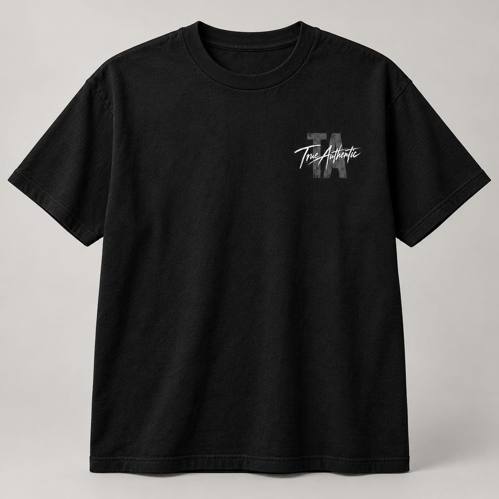 TRUE AUTHENTIC authentic script black cotton graphic tee — small left chest logo, full view
