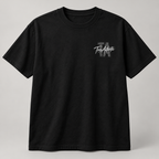 TRUE AUTHENTIC authentic script black cotton graphic tee — small left chest logo, full view