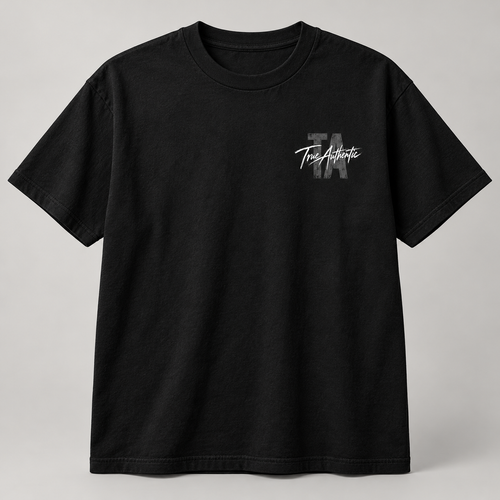 TRUE AUTHENTIC authentic script black cotton graphic tee — small left chest logo, full view
