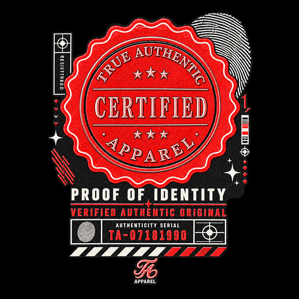 True Authentic Certified Apparel Proof of Identity red seal graphic