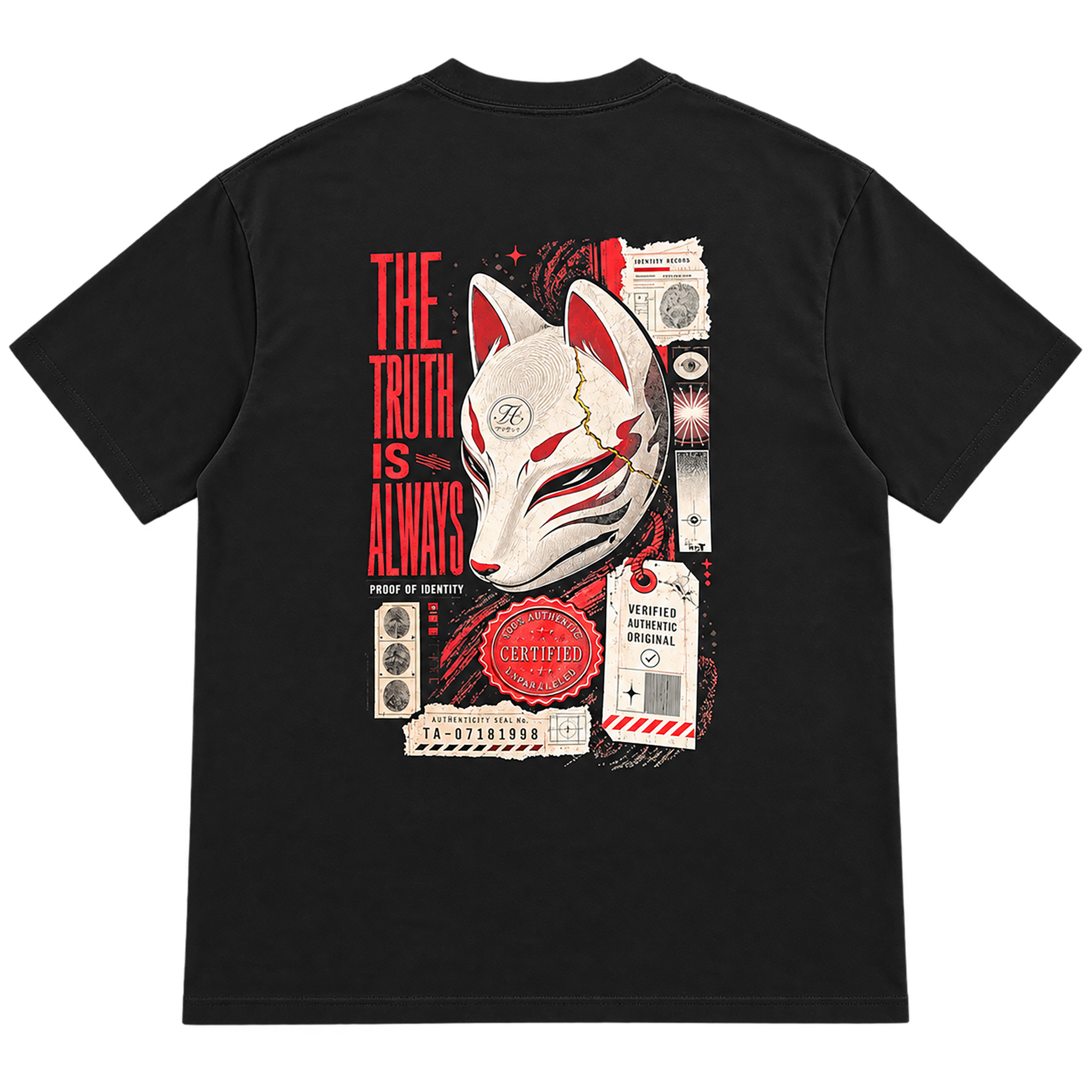 True Authentic black T-shirt back with Japanese kitsune mask Proof of Identity graphic