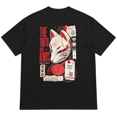 True Authentic black T-shirt back with Japanese kitsune mask Proof of Identity graphic