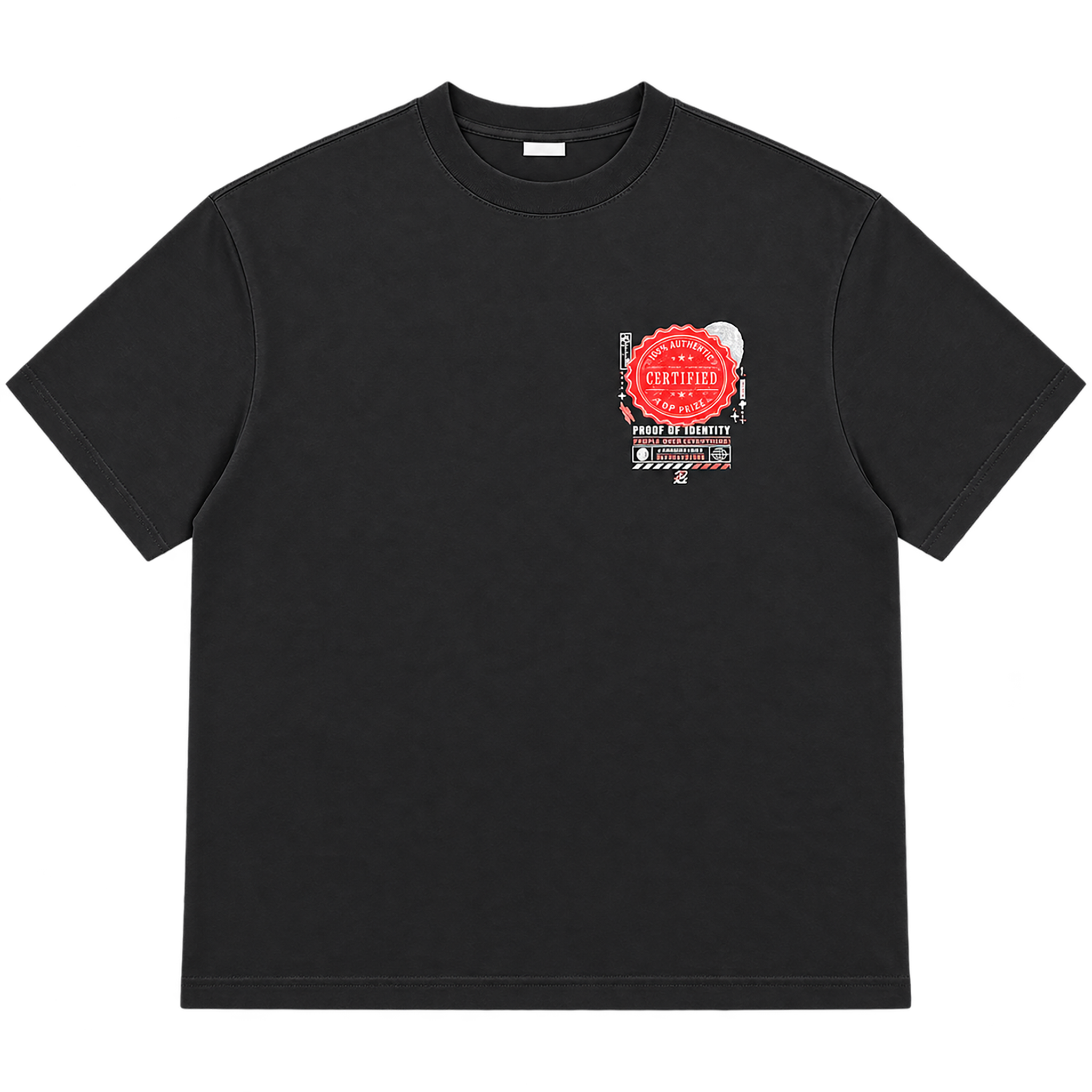 True Authentic black 300GSM heavyweight T-shirt front with red certified chest graphic