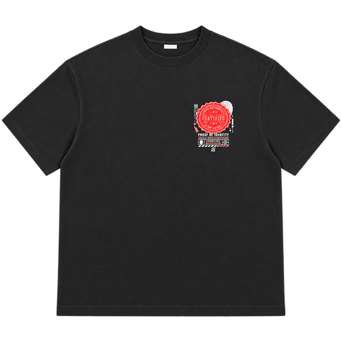 True Authentic black 300GSM heavyweight T-shirt front with red certified chest graphic