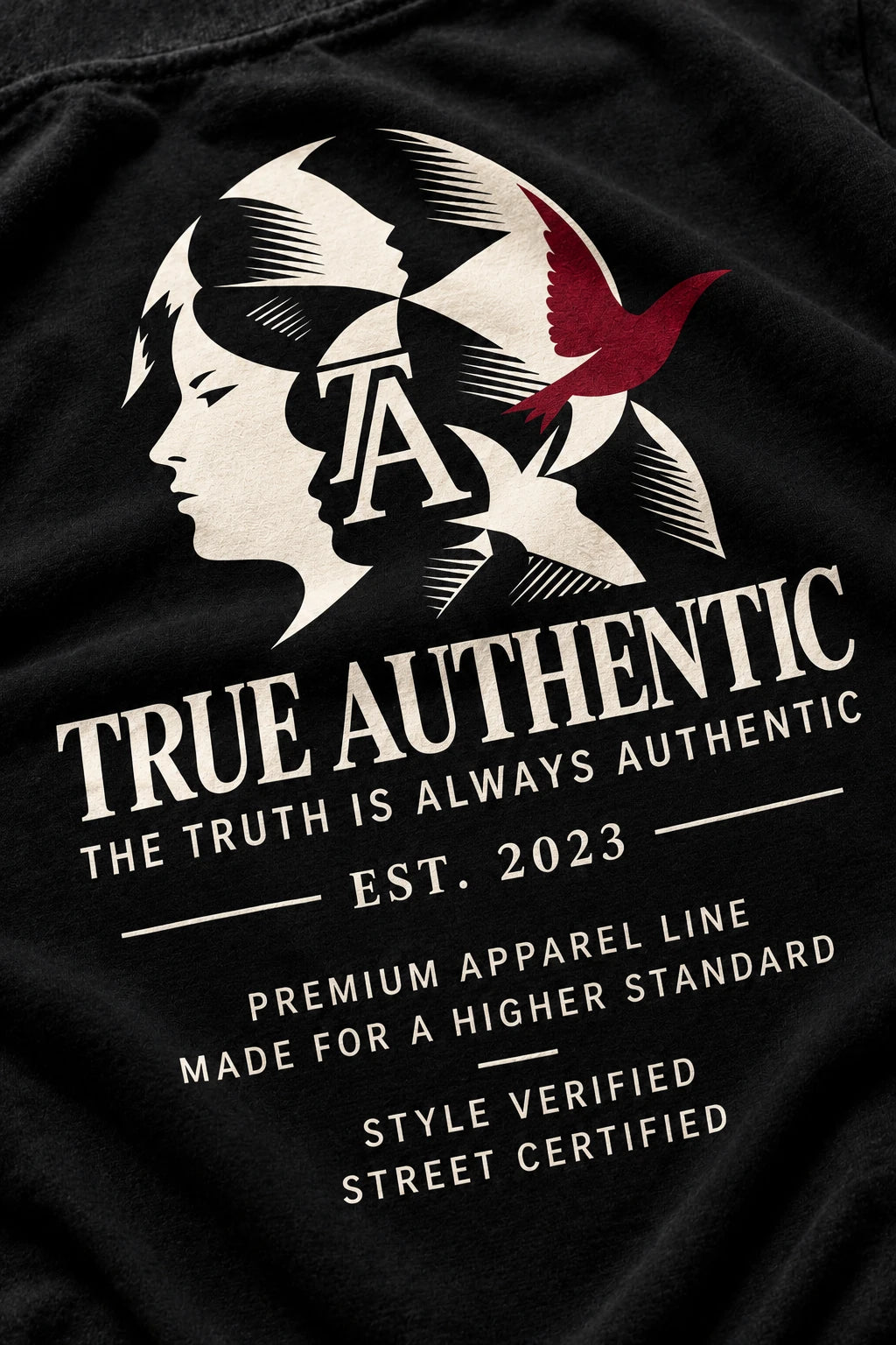 TRUE AUTHENTIC Character Logo black T-shirt — closeup