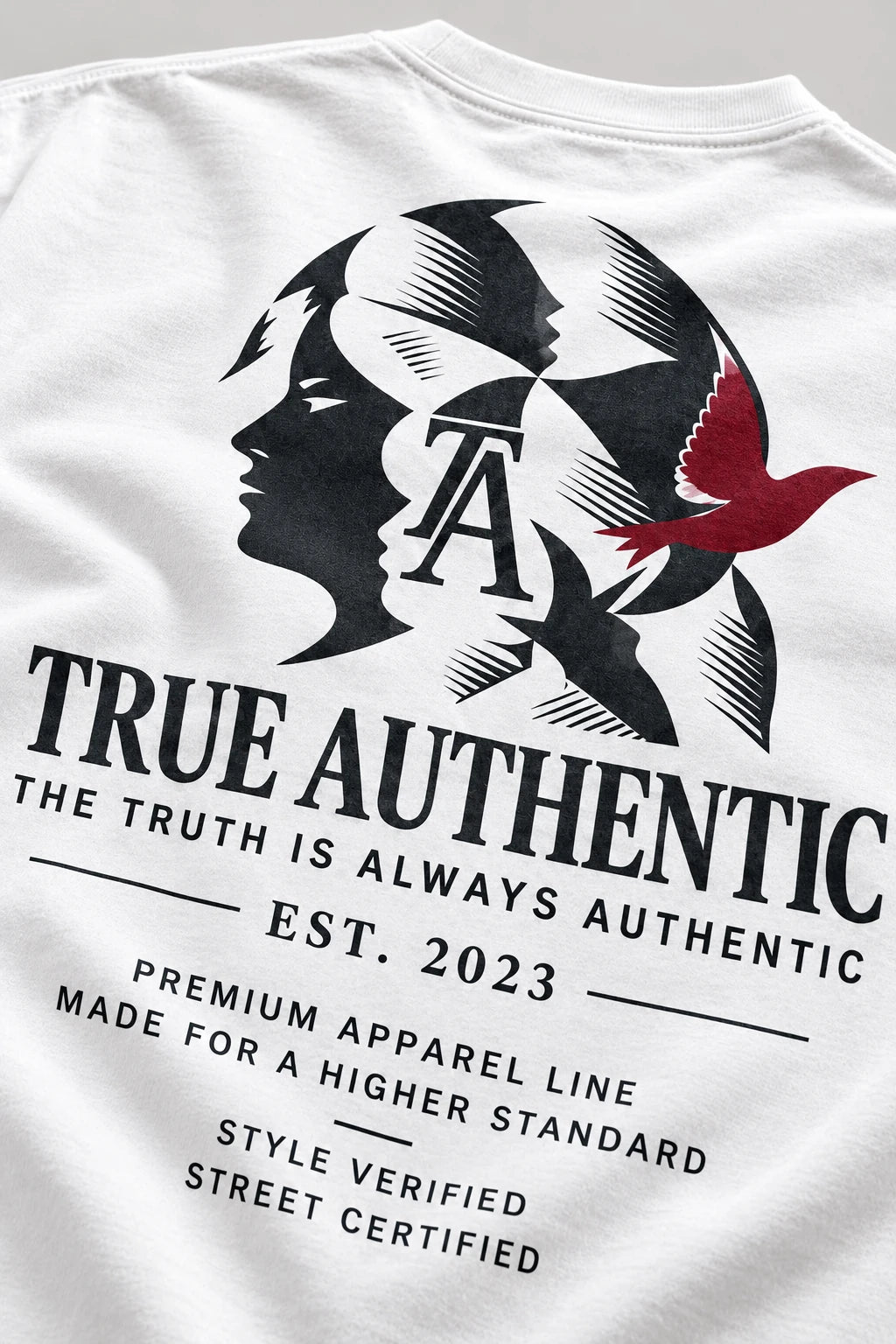 TRUE AUTHENTIC Character Logo white T-shirt — back closeup