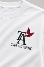 TRUE AUTHENTIC Character Logo white T-shirt — front closeup