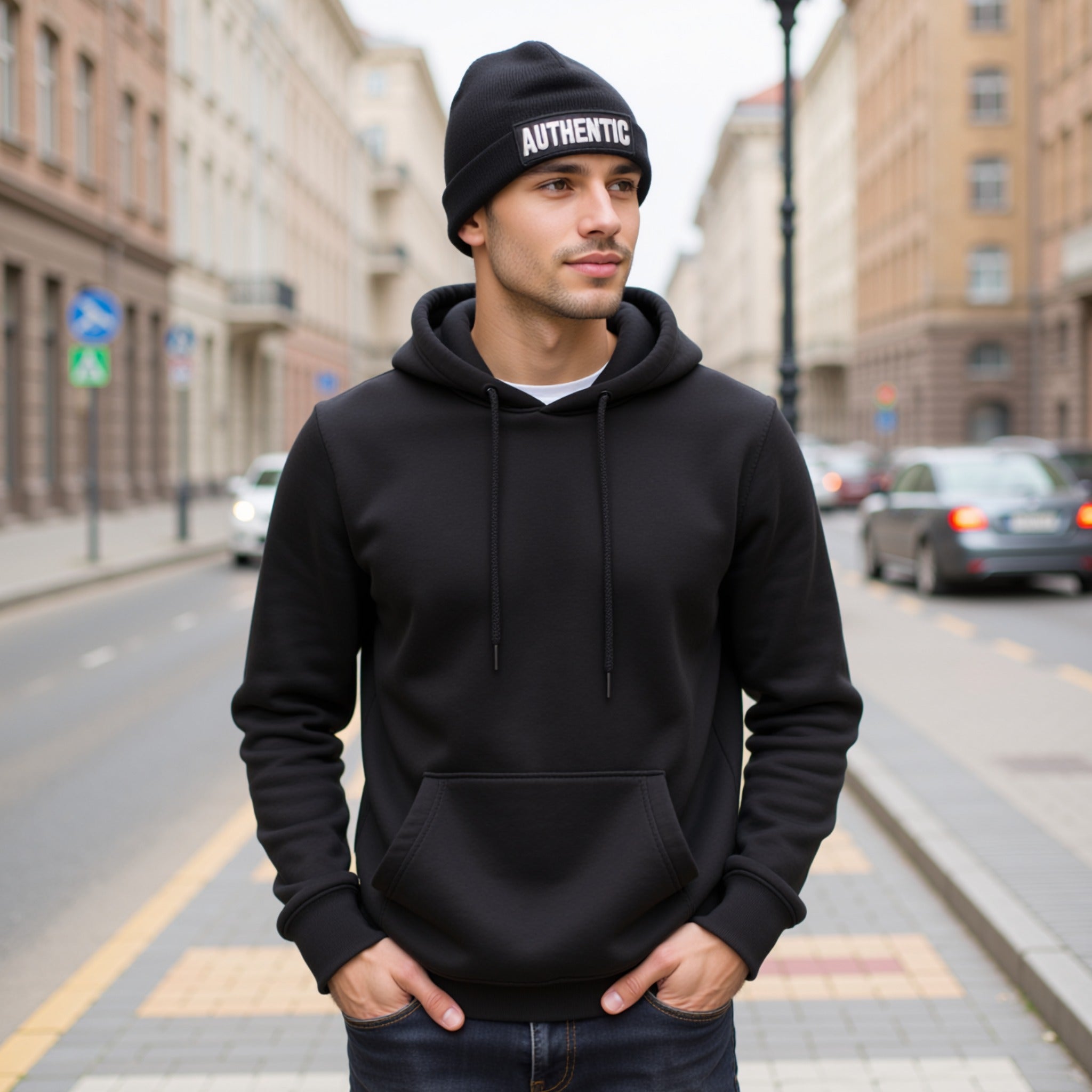 Man wearing a black hoodie and beanie with 'AUTHENTIC' text on a city street.